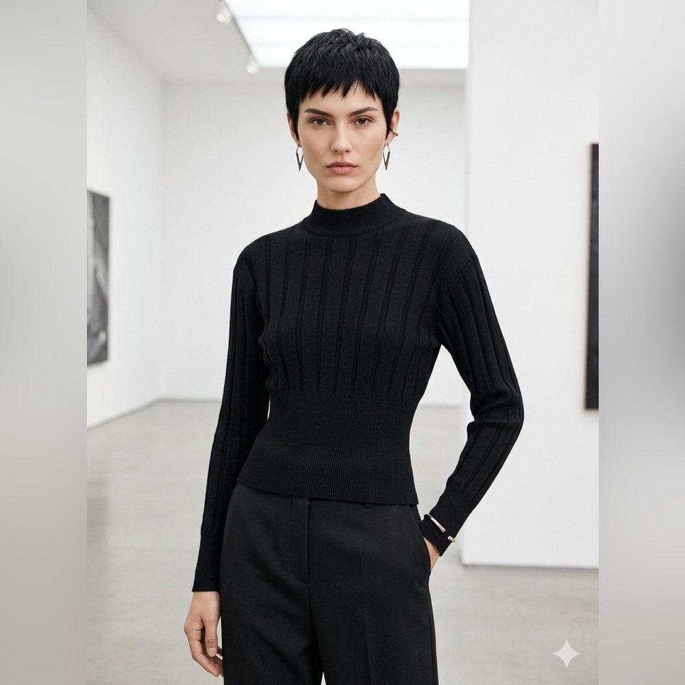 Episode 100% Merino Wool Made in Hong Kong Black Ribbed Mock Neck Sweater